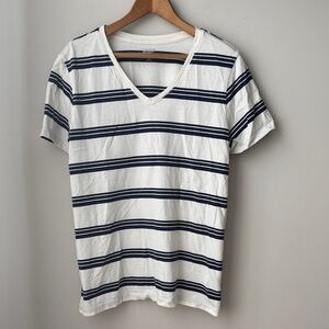 Lands End White and Blue Striped Cotton V Neck T Shirt
